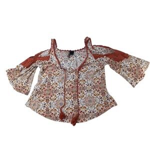 Ivory Love Boho Paisley Cold Shoulder Bell Sleeve Tassel Tie Blouse Top